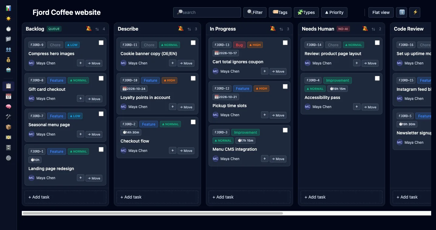 The collapsed sidebar: a narrow strip of icons, leaving more width for the board columns