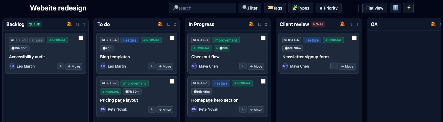 A LooperTask board: cards show the hours tracked on them, and "Checkout flow" has a timer running