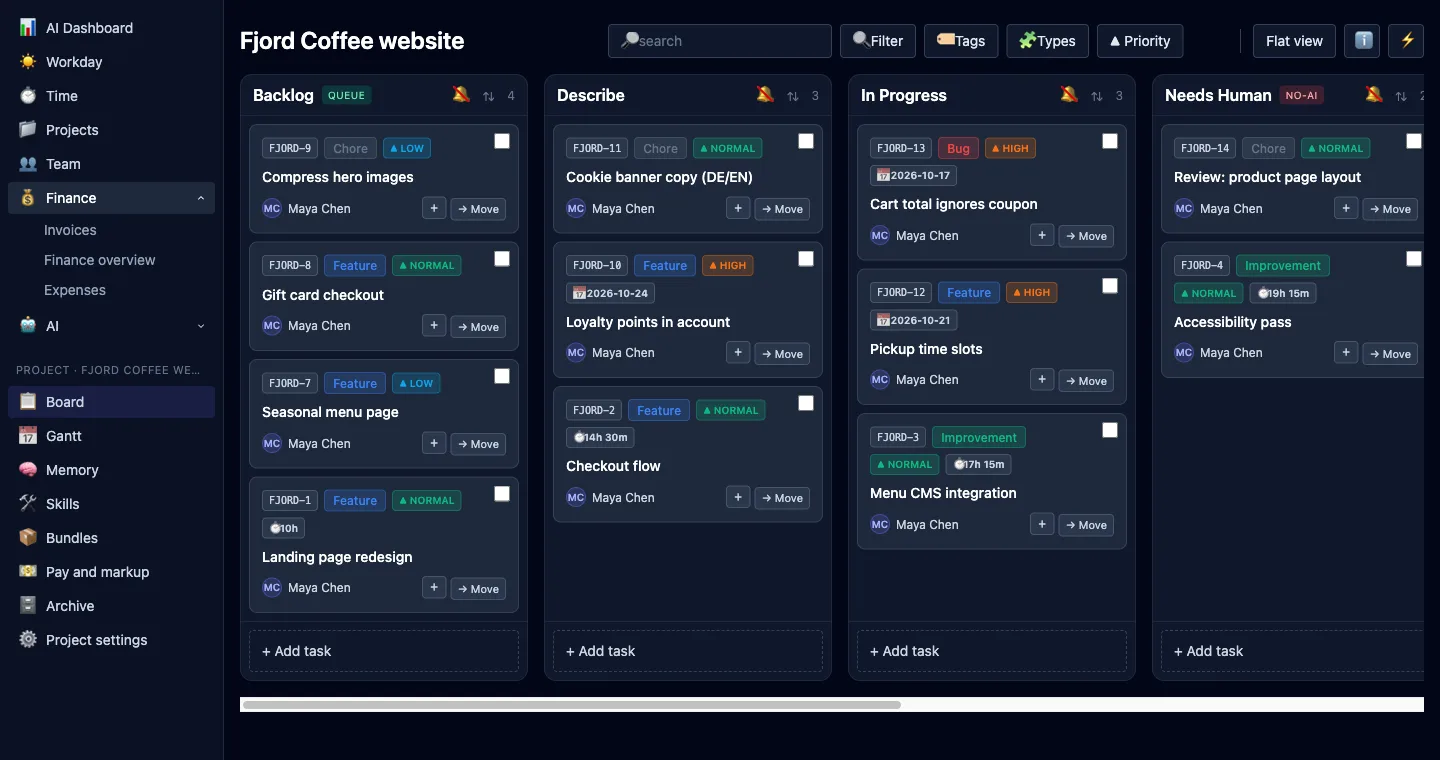 The LooperTask sidebar next to a kanban board, with the Finance group open and the project block below it