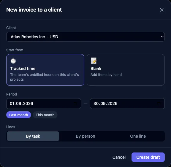 The New invoice dialog with a client, the tracked-time option, last month's dates and lines grouped by task