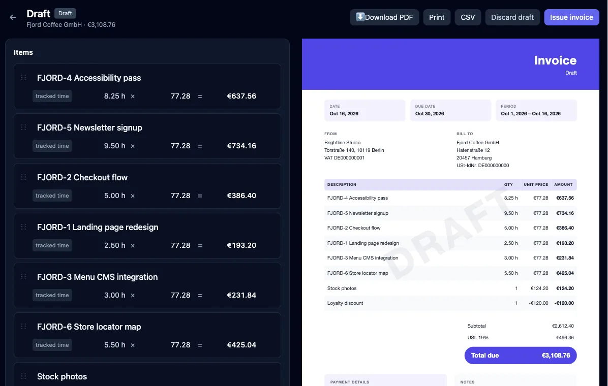 The invoice builder: tracked-time lines on the left, a live preview of the invoice with tax and total on the right
