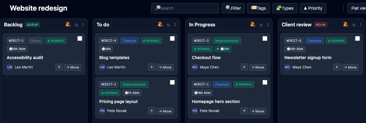 Ein LooperTask-Board: Karten mit ihren erfassten Stunden und ein laufender Timer auf „Checkout flow“