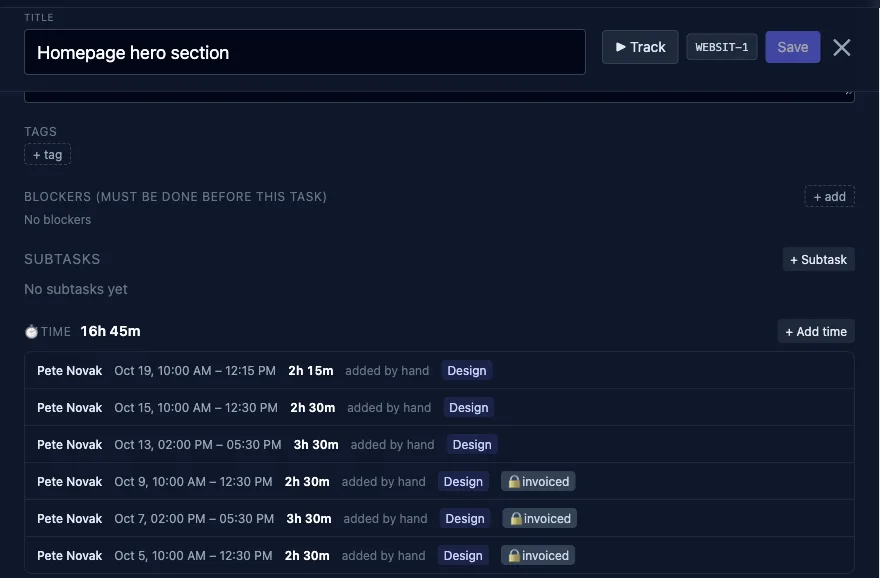 Time entries inside a task, each marked Design; the hours already invoiced are locked
